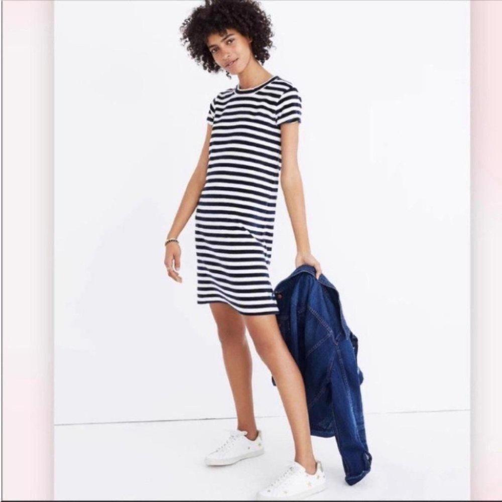 Madewell Womens Striped Crew Neck Velvet Short‎ Sleeve Dress Navy White Size M
